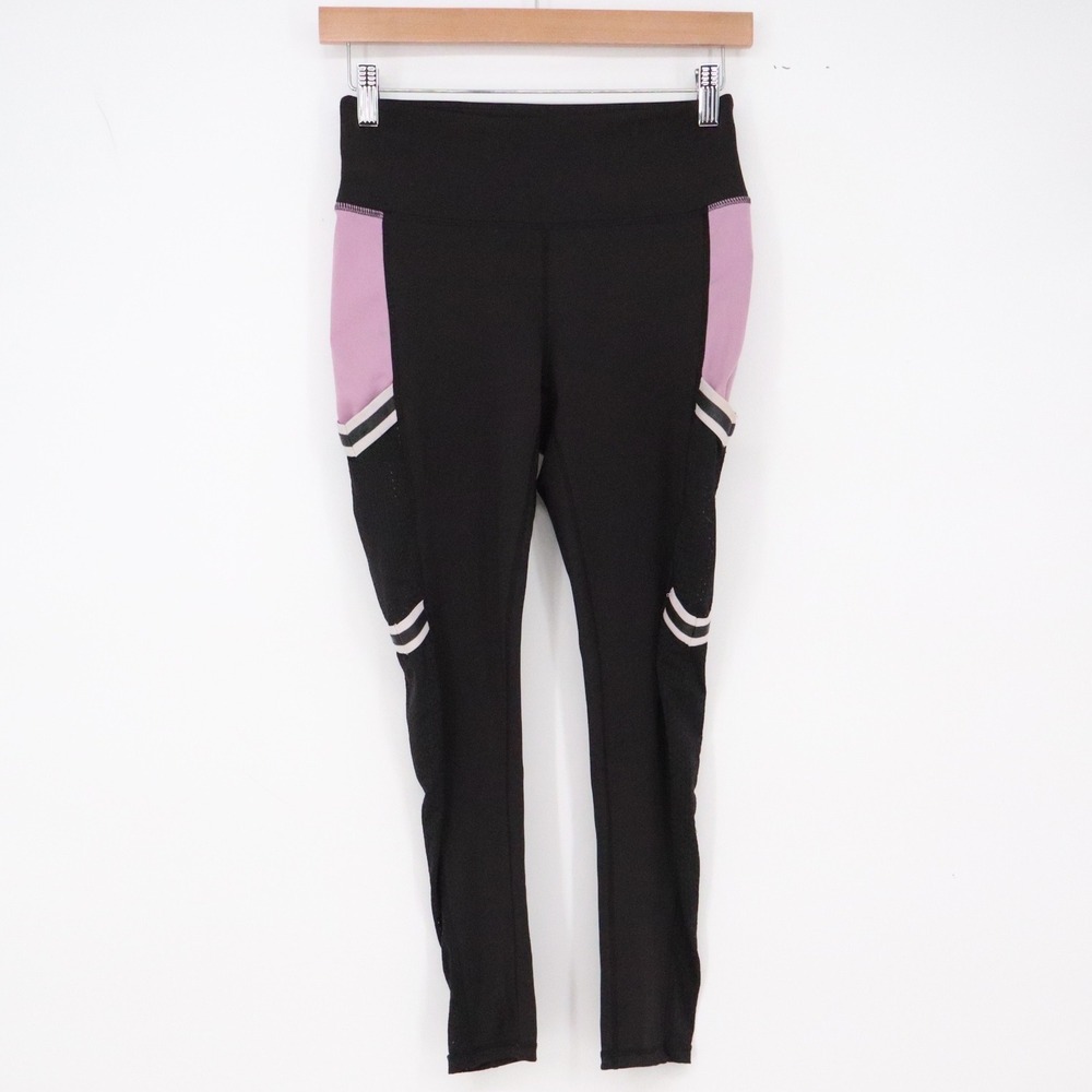 BCBGeneration Leggings Womens S Athletic Black Lavender Striped Pockets